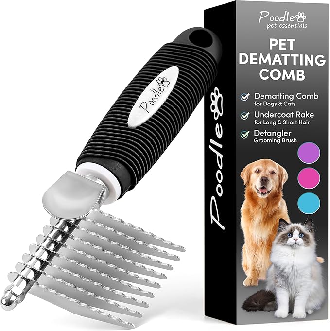 Poodle Dematting Fur Rake Comb Brush for Dogs and Cats - Long 2.5" Steel Safety Blades Metal Comb for Detangling Matted or Knotted Undercoat Hair