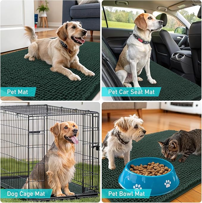 OLANLY Dog Door Mat for Muddy Paws 47x24, Absorbs Moisture and Dirt, Absorbent Non-Slip Washable Doormat, Quick Dry Chenille Mud Mat, Entry Indoor Entryway Carpet for Inside Floor, Blackish Green