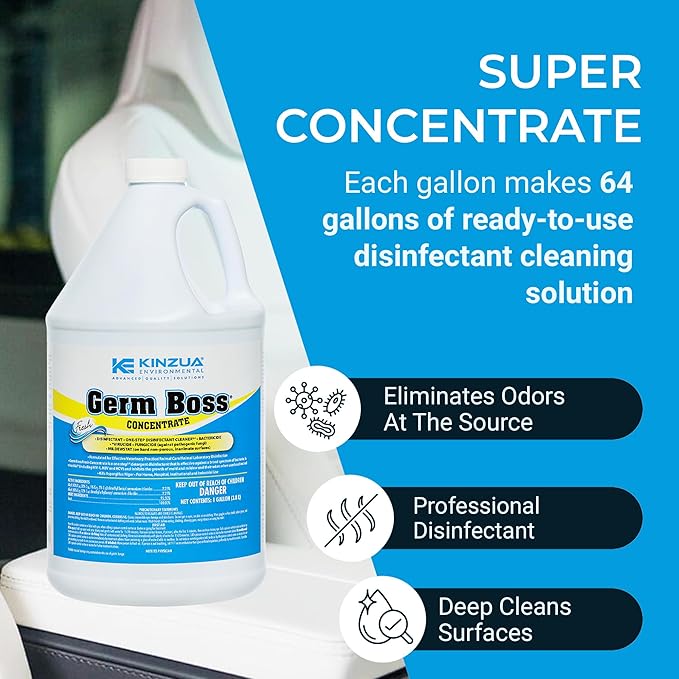 KINZUA ENVIRONMENTAL Germ Boss, Multipurpose Disinfectant Cleaner & Deodorizer, Disinfectant Liquid Concentrate with Fresh Scent for Homes, Kennels, Institutional & Industrial Strength, 1 Gal