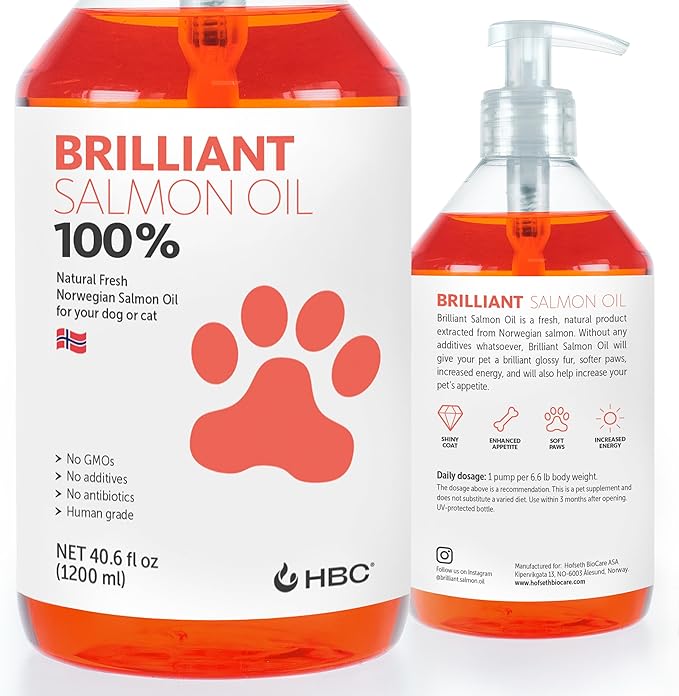 Brilliant Omega 3 Salmon Oil for Dogs & Cats - Norwegian Fish Oil Supplement with EPA & DHA Fatty Acids for Shedding, Allergy, Itching, Dry Skin & Joint Health - Skin and Coat Fish Oil Liquid, 40 Oz