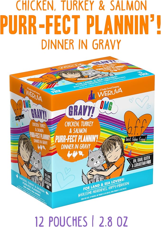 Weruva B.F.F. OMG - Best Feline Friend Oh My Gravy!, Purr-FECT Plannin'! with Chicken, Turkey & Salmon in Gravy Cat Food, 2.8oz Pouch (Pack of 12)