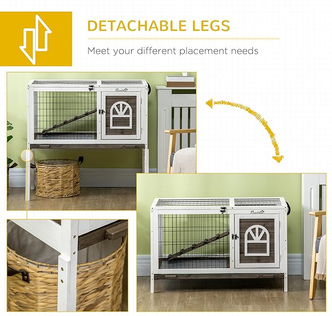 PawHut Wooden Rabbit Hutch, Indoor Elevated Guinea Pig Cage with Run, Ladder, Lockable Doors and Removable Tray, Coffee