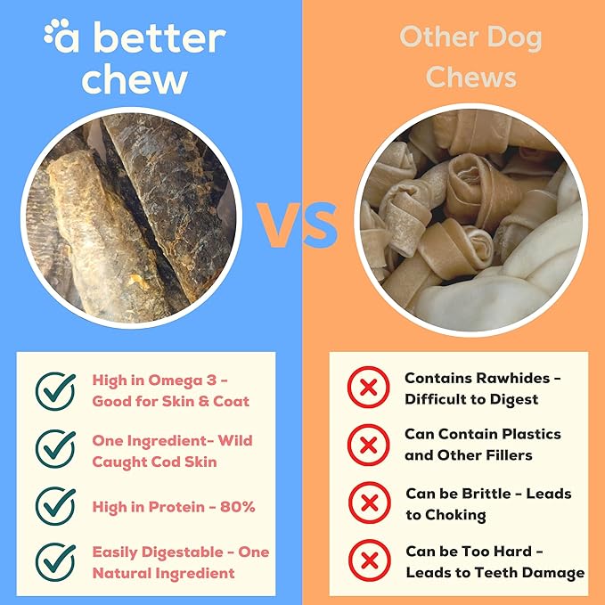A Better CHEW – Wild Caught Cod Skin Dog Treats | Sourced and Made in The USA, Single Ingredient, Dehydrated | Natural, Healthy Alternative to Rawhides + Bully Sticks, Long Lasting Chew