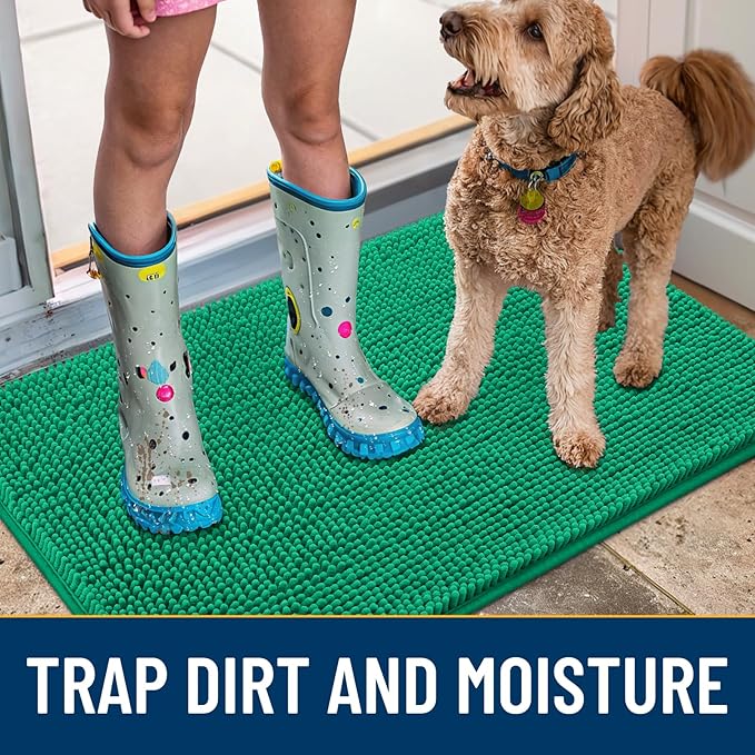 Smiry Dog Door Mat for Muddy Paws 36x24, Absorbs Moisture and Dirt Doormat, Non-Slip Washable Quick Dry Chenille Front Door Mat Indoor Entrance, Entryway Carpet for Inside Floor, Emerald Green