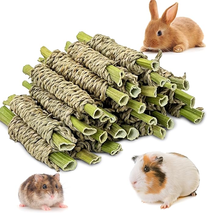 Fhiny 24 PCS Rabbit Chew Sticks, Natural Papaya Wood Seagrass Guinea Pig Chew Toys for Teeth Small Animal Molar Sticks Snacks for Bunny Guinea Pig Chinchilla Ferret Hamster Gerbil Dental Care
