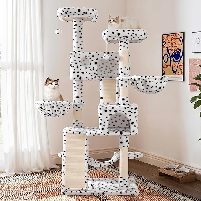 SHA CERLIN 65in Larger Cat Tree Tower Condo for Indoor Kitties/Multi-Level Furniture Activity Center with Wide Base/Cozy Plush Perches/Baskets/Sisal Scratching Posts and Hammock/White & Black Spot