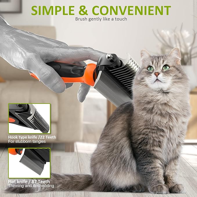 Spring Blossoms-2 in 1 Professional Grooming Rake for Cats & Dogs-Dematting Comb for Easy Mats & Tangles Removing,Pet Brush Safe No More Nasty Shedding and Flying Hair (Orange)