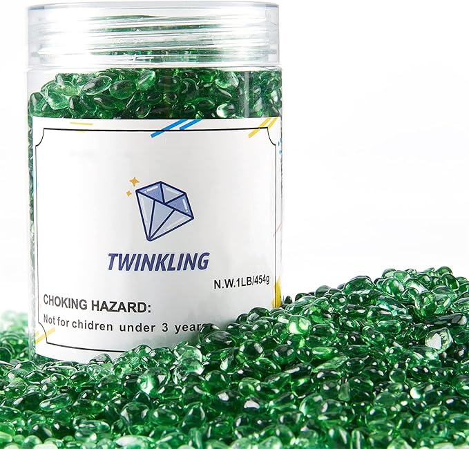TWINKLING High Luster Round Fire Glass Stones,Glass Marbles,Glass Pebbles,Glass Beads Gems for Fire Pit Vase Fillers Crafts Aquarium Garden Decoration,3-6mm,1-Pound Jar (Light Green)