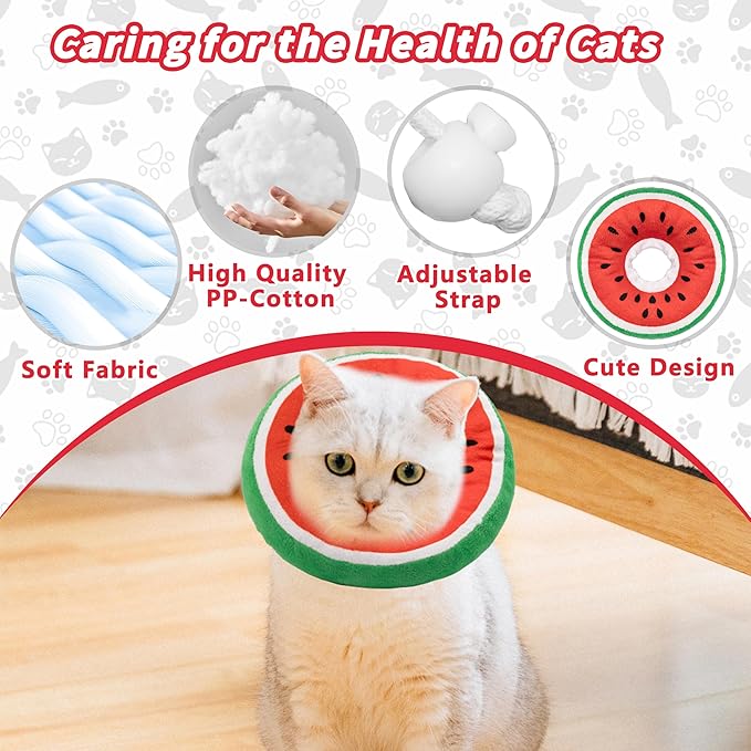 Soft Cat Cone Collar, Cute Cat Recovery Collar Suitable for Small, Medium, Large Cats,Elizabethan Neck Collar for Cats After Surgery (Watermelon, Small)