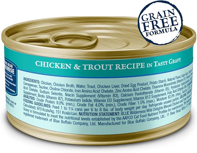 Blue Buffalo Wilderness Wild Delights Minced Wet Cat Food, High-Protein & Grain-Free, Made with Natural Ingredients, Chicken & Trout Recipe in Tasty Gravy, 5.5-oz. Cans (24 Count)