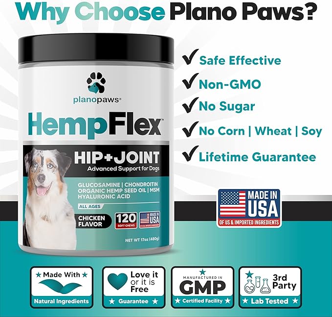 HempFlex - Glucosamine Chondroitin for Dogs - Hemp Oil for Dogs - Safe Dog Joint Supplement for All Breeds - 120 Mobility Hemp Dog Treats - Hip & Joint Support for Dogs - Joint Supplement for Dogs