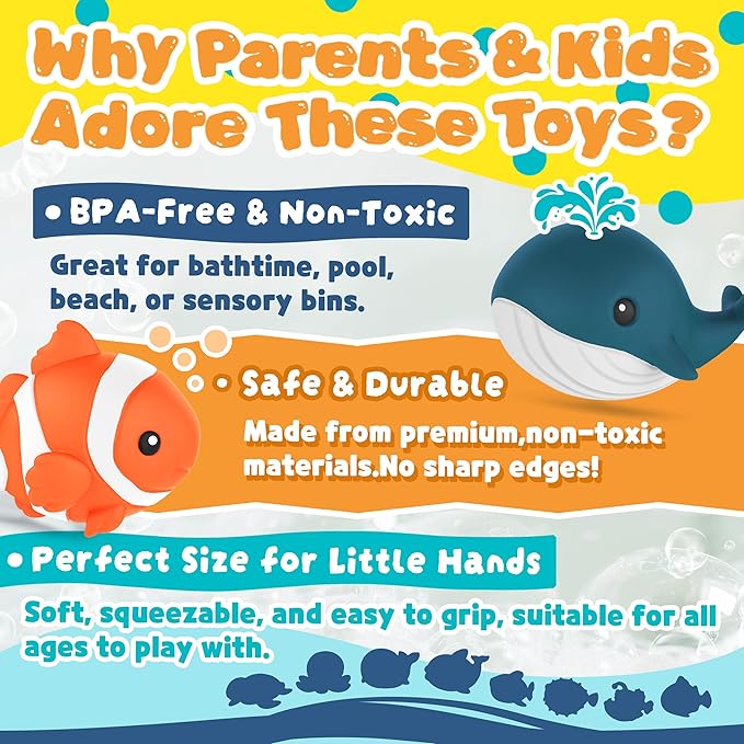 8 PCS Ocean Animal Bath Toys Mold Free Infant Bath Tub Toys for 12 Months - No Hole Bathtub Toys for Toddlers 1-3 Water Pool Toys for Baby Toddler Ages 1+