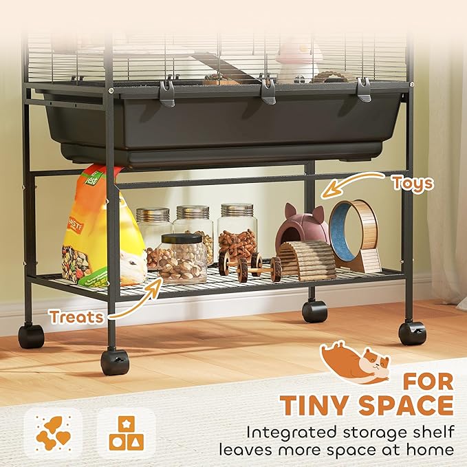 PawHut Hamster Cage with Deep Tray, 5 Tier Rolling Rat Cage with Storage Shelf, Big Exercise Wheel, Tube System, Hut, Platforms, Ramps, Food Dish, Water Bottle, for Syrian, Gerbil, Mouse