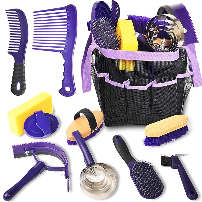 Horse Grooming Kit - 11 Piece Bathing Supplies with Organize Bag, Full Body Kit Including Sweat Scraper, Bath Sponge, Hoof Pick, Massage Comb (Purple)