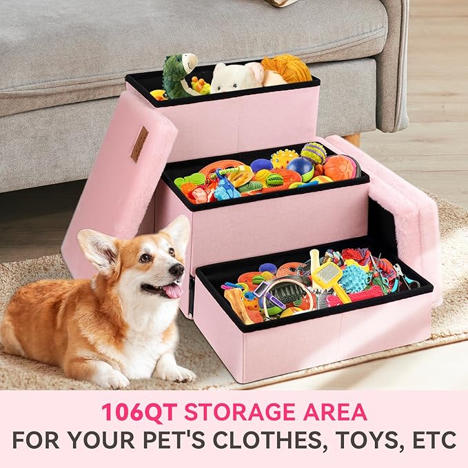 Dog Stairs with Furry Lids 18" H, 3-Step Wider Dog Steps with Storage for Small/Medium/Large Dogs Cats, Folding Sturdy Pet Stairs Climbing Bed or Sofa, Ramp for Car Hold Up to 200 lbs, Pink