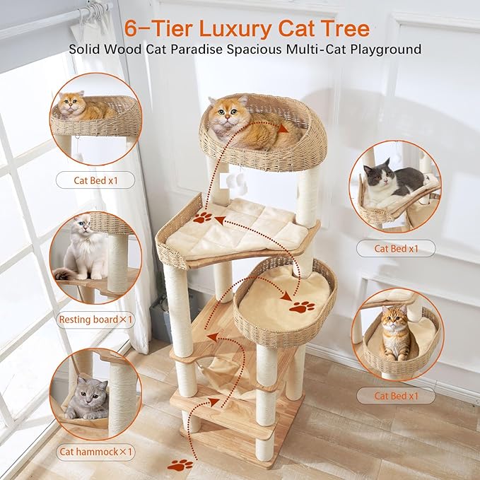 Wooden Cat Tree for Indoor Cats, 62-Inch Tall Cat Tower with Scratching Post for Large Cats, Solid Wood Cat Condo with Handwoven Basket, Modern Cat Tree Tower with Hammock, Easy to Clean