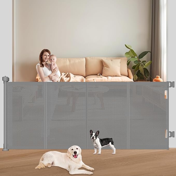 Upgrade 71" Retractable Baby Gates with Reinforced Strips, 41" Tall Retractable Gate Indoor for Baby and Pet, Outdoor Dog Gates for Stairs, Doorways, Hallways-Grey