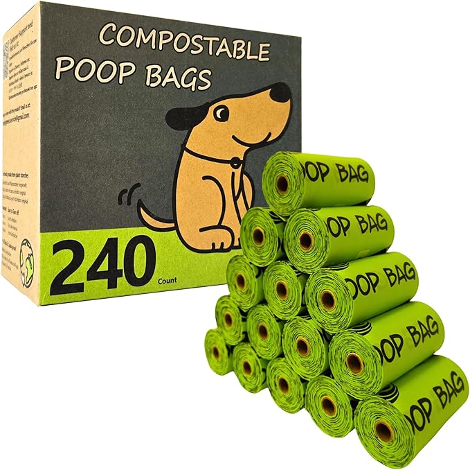 Certified Compostable Dog Poop Bag Rolls, Landfill friendly Doggie Poop Bags, Vegetable-Based, ASTM D6400, Unscented, Extra Thick, Leak Proof, Size 9 x 13 Inches, Refills 240 Counts