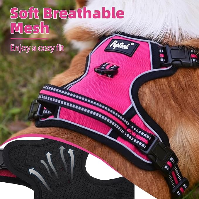 PUPTECK No Pull Dog Harness Medium Sized, Adjustable Reflective Dog Harness with Handle Easy Control, Comfortable Soft Padded Pet Vest Harness for Medium Dogs, Fuschia M