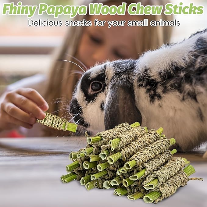 Fhiny 24 PCS Rabbit Chew Sticks, Natural Papaya Wood Seagrass Guinea Pig Chew Toys for Teeth Small Animal Molar Sticks Snacks for Bunny Guinea Pig Chinchilla Ferret Hamster Gerbil Dental Care