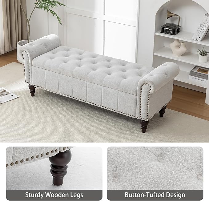 58’’ Storage Bench for Bedroom, Upholstered Button-Tufted Ottoman with Solid Wood Legs, Queen Size End of Bed Shoe Cabinet, Window Seat Foot Rest Stool for Entryway, Living Room (Silver)