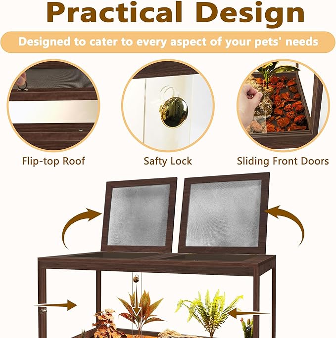 PROLEE Bearded Dragon Tank,60 Gallon Reptile Tank with Meatl Mesh Roof and Front Sliding Door, Anti-Scratch Lizard Tank,Spacious Reptile Enclosure for Snakes,Lguanas, Chameleons(Walnut)