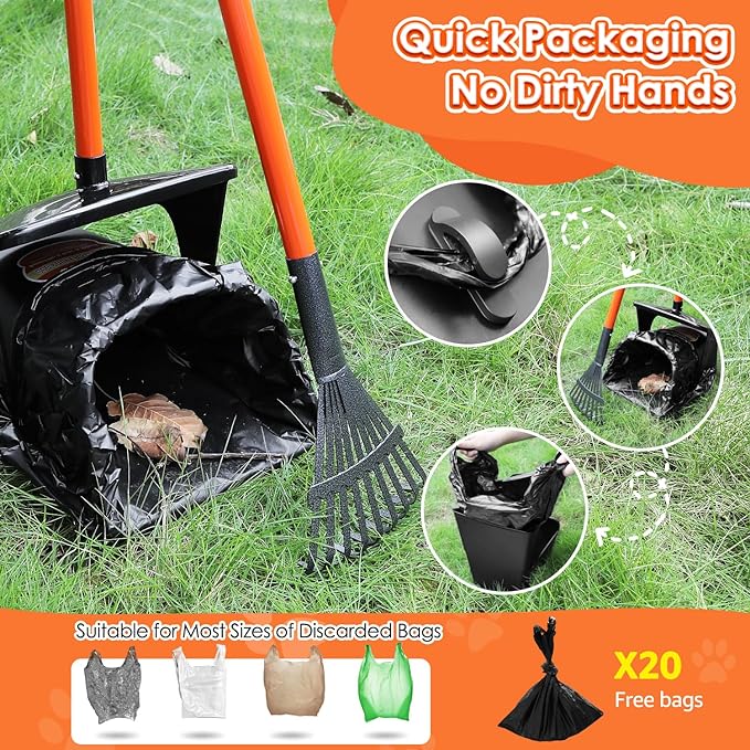 SlowTon Dog Pooper Scooper - 37.4" Long Handle Adjustable Metal Swivel Bin & Rake & Spade Kit with 20 Waste Bags, Portable Pooper Scooper for Gravel Lawn Grass, Suit for Small Medium Large Dog