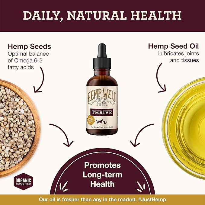 Hemp Well Thrive Oil for Dogs and Cats – Supports Hip, Joint, and Heart Health, Promotes Immune Support, Strengthens Skin and Coat, Organically Sourced – 2 Ounces