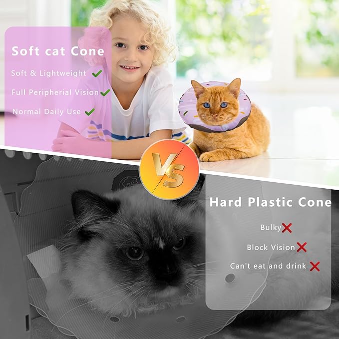 Cat Cone Collar Soft, Adjustable Cat Recovery Collar Kitten Cones to Stop Licking, Cute Donut E Collar After Surgery, Cats Neck Pillow Cone Elizabethan Cones of Shame (Waterproof Purple, Large)