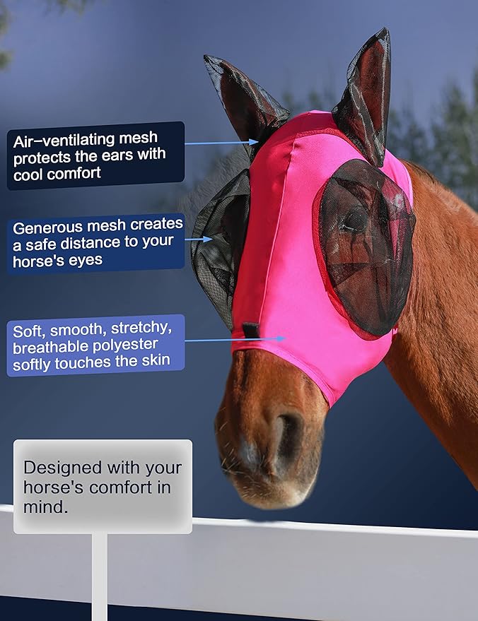 Horse Fly Mask with Ears, UV Protection Mask for Horses, Elasticity Mask with Big Mesh Eye Covers, Snug Fitting Comfortable Breathable Lightweight Hot Pink Cob