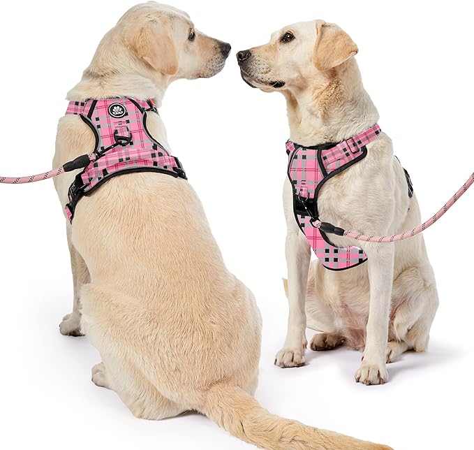 NESTROAD No Pull Dog Harness with Leash, Reflective No Choke Pet Vest Harness,Adjustable Soft Padded Dog Harness with Easy Control Handle for Large Dogs(Checkered Pink,X-Large)