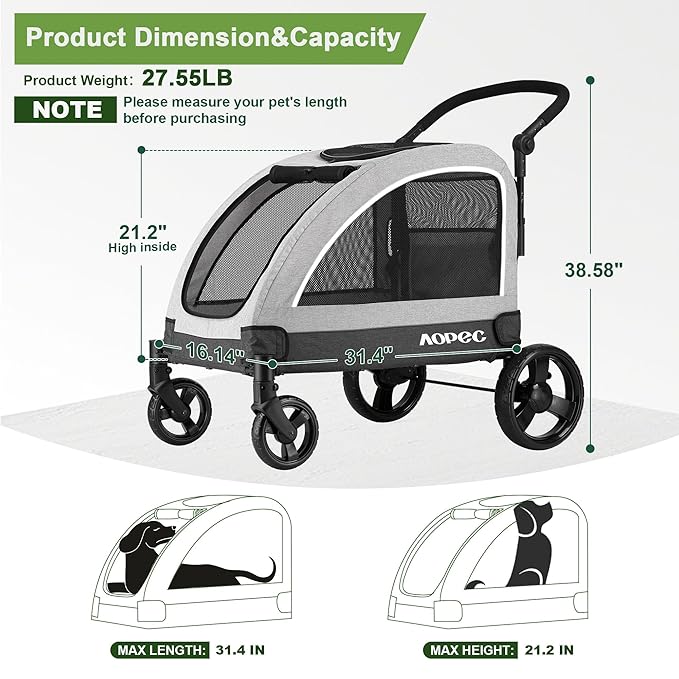 Large Dog Stroller - Dual Entry Safety Folding Pet Stroller with Adjustable Handle, All-Terrain 4-Wheel, 160 lbs Weight Capacity for Travel & Outdoor Adventures - Gray