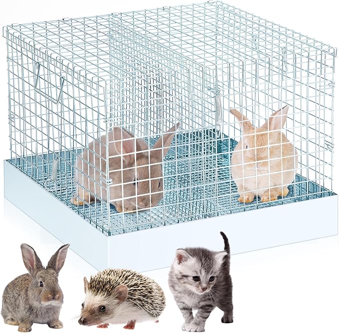 Folding Rabbit Cage, 18 x 18 x 14 in Portable Bunny Carrier with Tray and Handles for Transport, Trave or Temporary Housing, Indoor Outdoor Pet Habitat Animal Enclosure