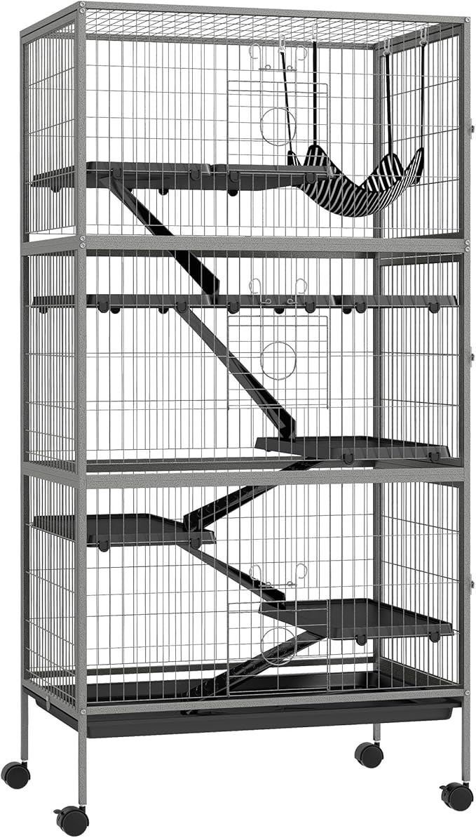 PawHut 63" 6-Tier Small Animal Cage, Ferret Cage, Large Chinchilla Cage with Hammock Accessory & Heavy-Duty Steel Wire, Small Animal Habitat with 6 Doors, Removable Tray, Gray