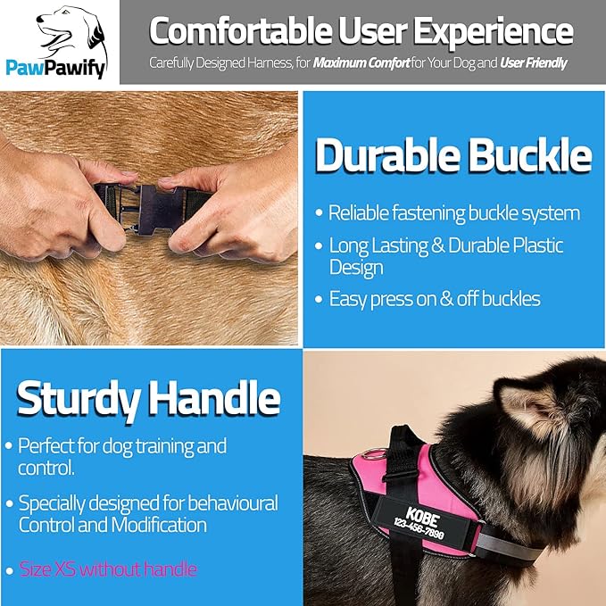 PawPawify Custom No Pull Dog Harness with Name and Phone Number, Heavy Duty Personalized Pet Vest to Prevent Tugging, Pulling, or Choking, Training and Walking (SkyBlue, S (10-19LBS))