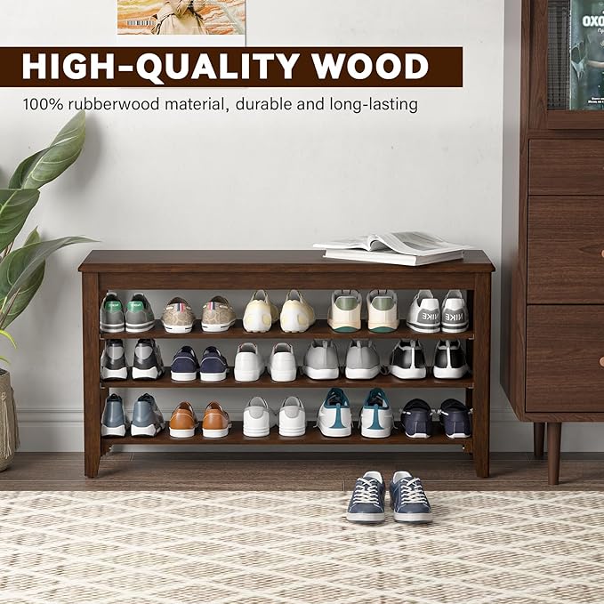 Shoe Bench Storage Rubberwood, Entryway Bench with 3-Tiers Height Adjustable, Shoe Rack Front Door Entrance Organizer for Hallway Living Room, Mudrooms, Walnut,23.6"