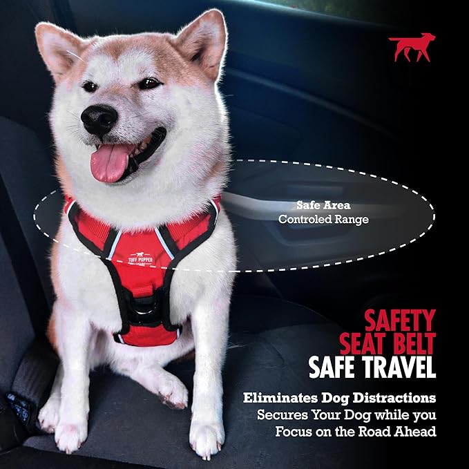 Tuff Pupper Dog Seat Belt | Adjustable Length Dog Seatbelt Restraint | Tangle-Free Locking Carabiner | Shock-Absorbing Bungee | Reflective Stitching for Visibility | Universal Fit for Cars & Trucks