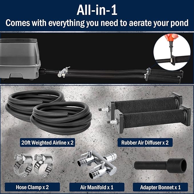 AquaMiracle All-in-1 Koi Pond Aeration Kit Pond Air Pump with Self-Sinking Airline Rubber Air Diffuser, Air Flow Control Pond Aerator for Outdoor Pond 10,000-15,000 Gallons