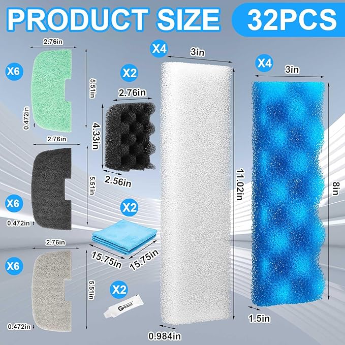32 Pcs Aquarium Replacement Maintenance Kit Compatible with Fluval 206/207 Filter Media Including Biological Sponge, Ammonia/Phosphate/Nitrite Remover Pad, Aquarium Towel, Grease