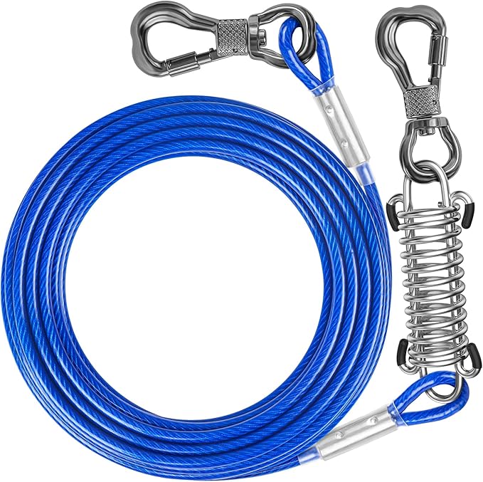 Tresbro 120FT Dog Tie Out Cable with Spring, Shock Absorbing Tether Chains for Outside Aavilable in 10/15/20/25/30/40/50/70/100/120 FT, Heavy Duty Leads for Yard for Medium & Large Dogs Up to 500 LBS