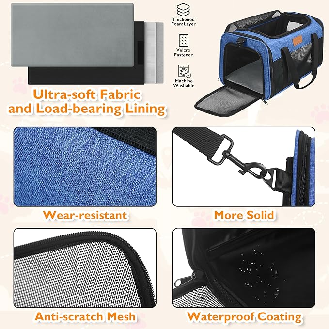 PETUX TSA Approved Pet Carrier in Cabin, 17"x11"x9.5" Soft Cat Carriers for Small Cat up to 12 lb and Puppy up to 10 lb, Top Open Portable Pet Carrier Airline Approved for Travel and Vet Visit (Blue)