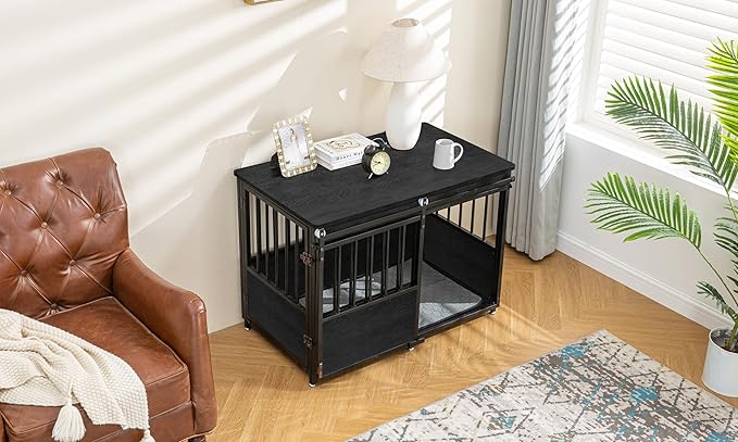 KOOPRO 40 Inch Dog Crate Furniture with Cushion for Small Medium Dogs, Wooden Heavy Duty Dog Kennel with Double Doors, Decorative Pet House Dog Cage Side End Table Indoor, Sliding Door Chew-Resistant
