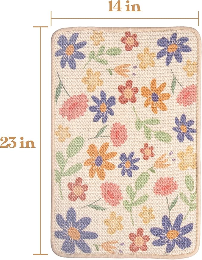 SCRATCHABLE Sisal Cat Scratcher, [+ Catnip Fish Toy], Wall Scratcher, Couch Protector, Scratching Mat- 24 X 15.8 With 12 Adhesive Velcro Stripes (Floral)