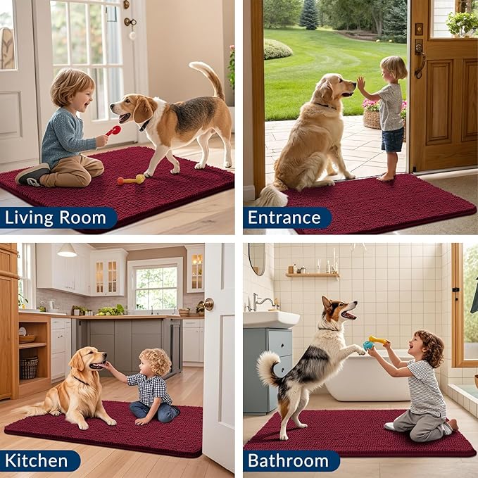 Smiry Dog Door Mat for Muddy Paws 36x24, Absorbs Moisture and Dirt Doormat, Non-Slip Washable Quick Dry Chenille Front Door Mat Indoor Entrance, Entryway Carpet for Inside Floor, Burgundy