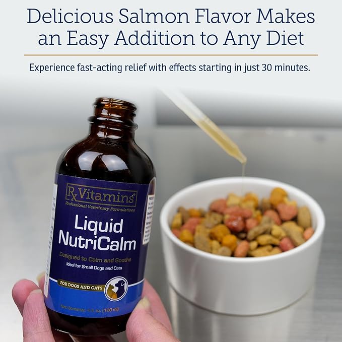 Rx Vitamins Liquid NutriCalm Cat & Small Dog Anxiety Relief - Sleep Aid - Calming Supplement - Dog Bark Control & Stress Relief - Salmon Flavor - 4 oz