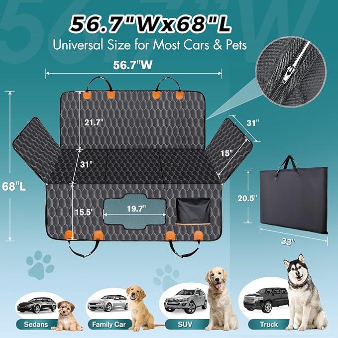 XL Back Seat Extender for Dogs-Supports 400lb,Waterproof Dog Car Seat Cover Hard Bottom-Detachable,600D Heavy Duty Scratch Proof Nonslip Soft,Dog Hammock for Car,SUVs