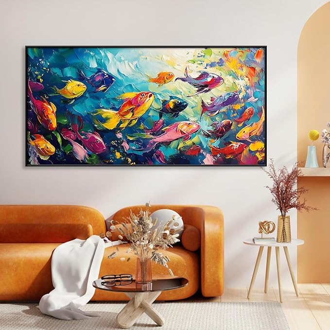 School of Fish Printed Canvas Wall Art – Framed Abstract Ocean Print – Vibrant Fish Wall Decor for Living Room, Bedroom, Office (Gold Framed, 39"x19"|100x50cm)