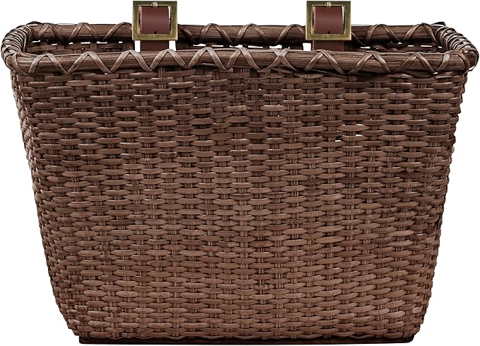 Retrospec Bicycles Cane Woven Rectangular Toto Basket with Authentic Leather Straps and Brass Buckles