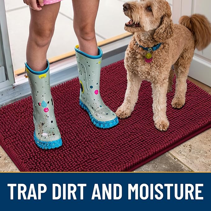 Smiry Dog Door Mat for Muddy Paws 48x30, Absorbs Moisture and Dirt Doormat, Non-Slip Washable Quick Dry Chenille Front Door Mat Indoor Entrance, Entryway Carpet for Inside Floor, Burgundy