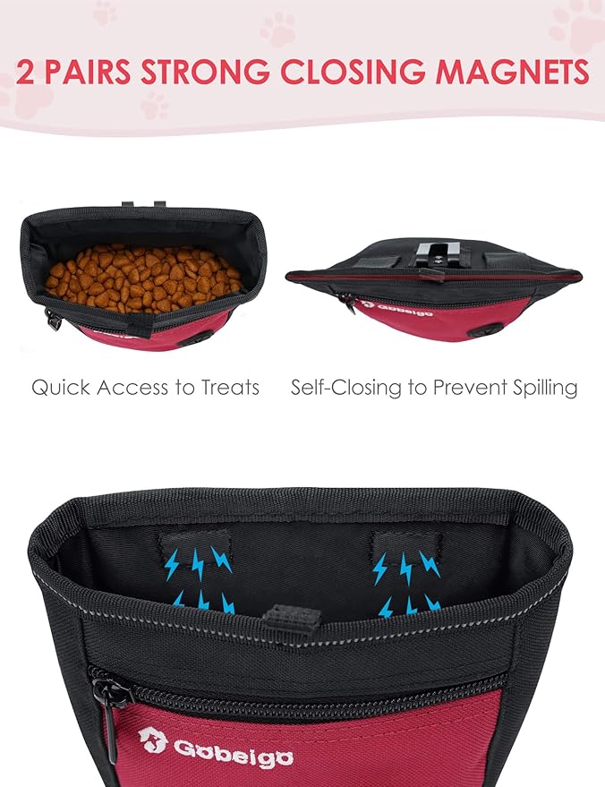 Gobeigo Dog Treat Pouch and Training Clicker, Upgrade Two Magnetic Closure to Prevent Spills, 2 Cup Treat Bag with Poop Bag Dispenser, Metal Clip Waist Belt Fanny Pack for Pet Walking(Black/Red)